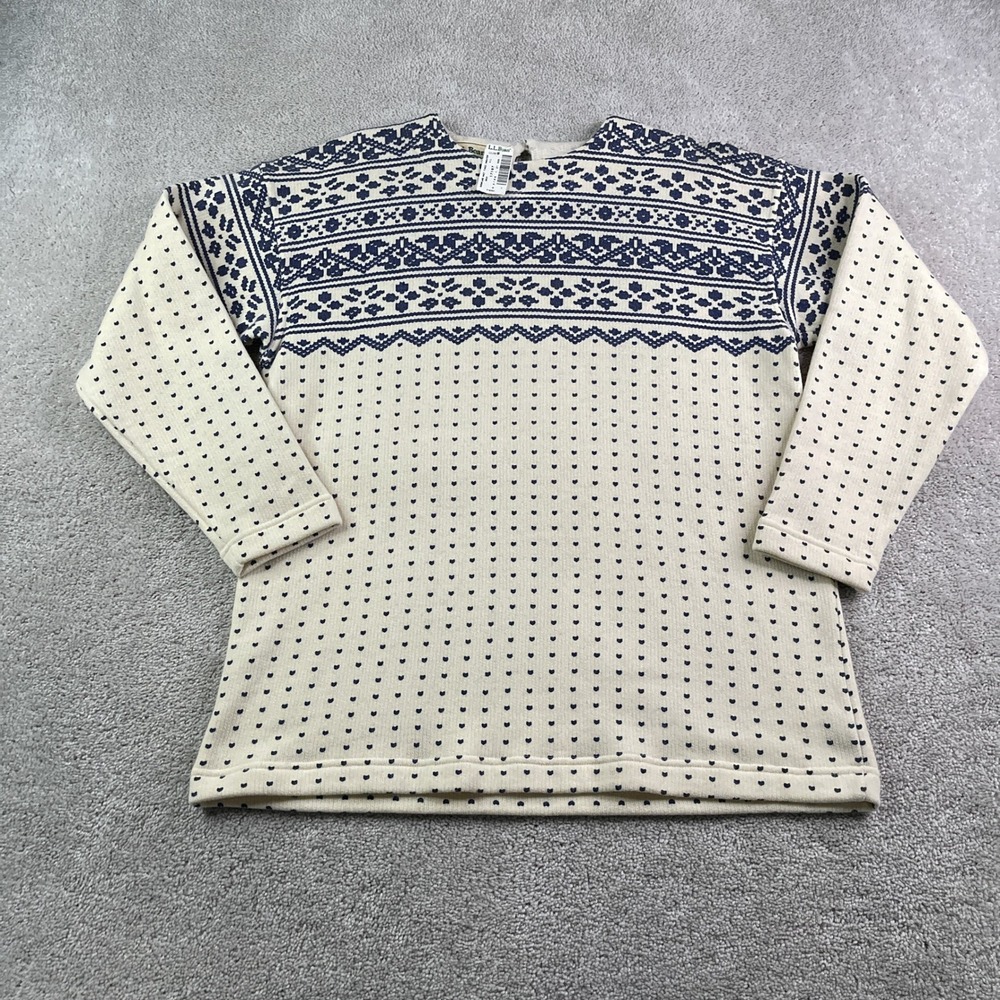 NEW LL Bean Sweater Womens XL Tan Blue Knit Wool Blend Nordic Birdseye Vintage